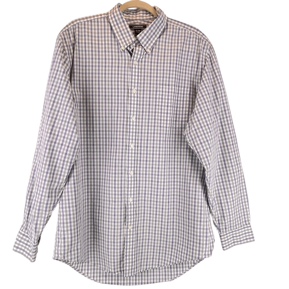 Lands End Long Sleeve Shirt Checked Cotton Sz 17 / 36 Tall Tailored Fit